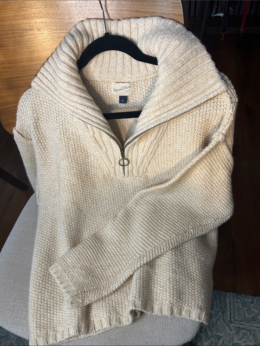 Universal Thread Goods Co Cream Zip Shawl-Collar Knit Sweater